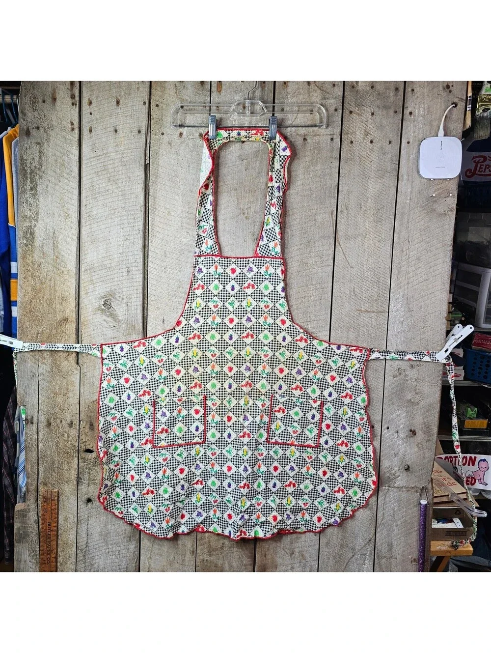 Vintage Gingham Apron Black White Red Trim Fruits Vegetables Floral Pattern
